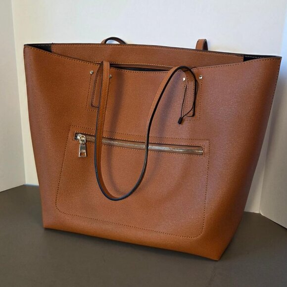 Tote Bag Faux Leather Large Size Caramel & Black NWOT Roomy Versatile - Picture 1 of 11
